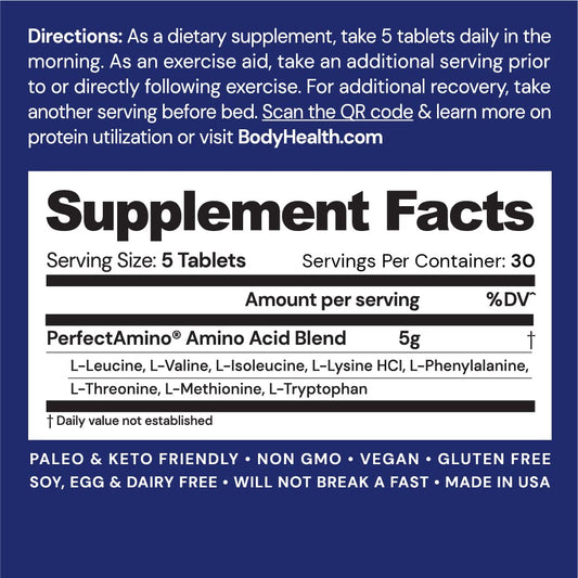 Close-up of PerfectAmino bottle label highlighting vegan, keto-friendly amino acids.