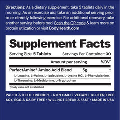 Close-up of PerfectAmino bottle label highlighting vegan, keto-friendly amino acids.