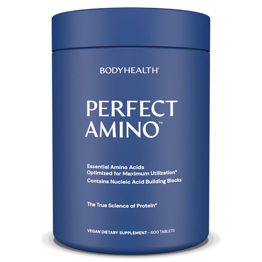 BodyHealth PerfectAmino bottle pour with capsules ideal for daily muscle support.