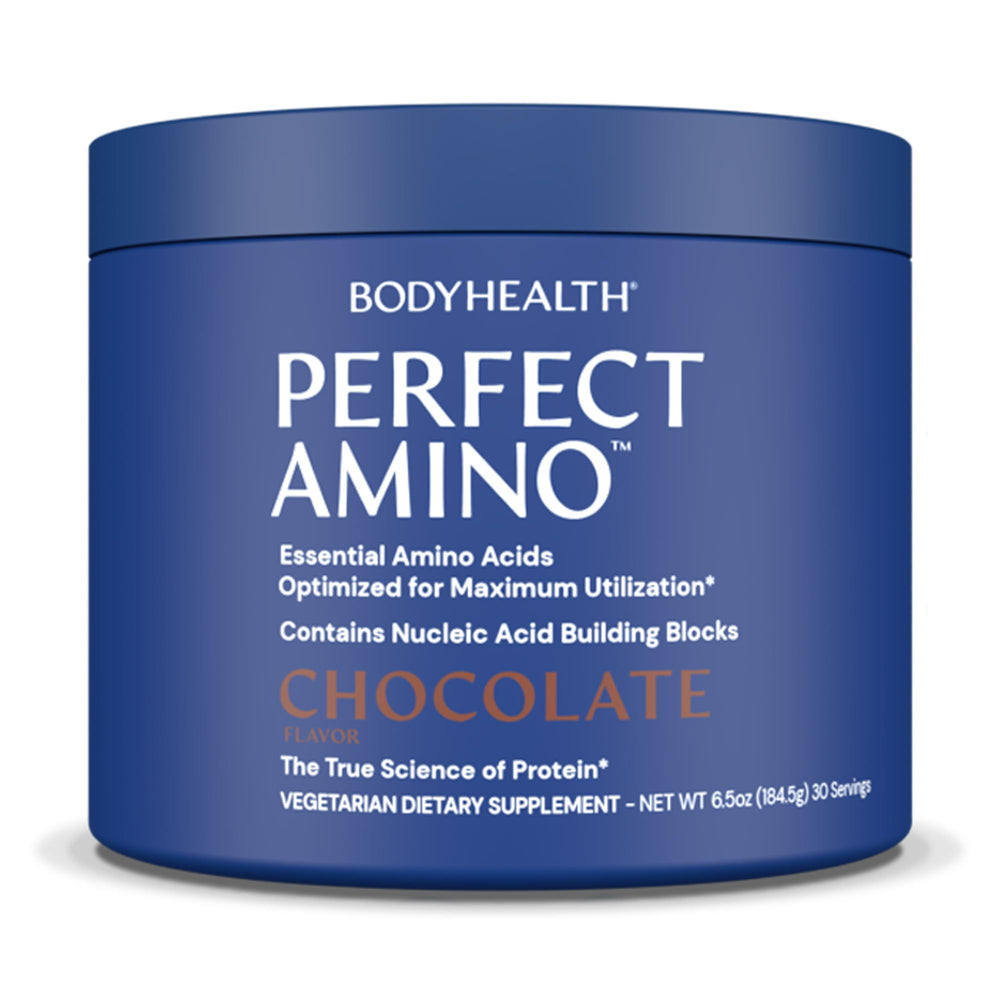 BodyHealth PerfectAmino chocolate tub with scoop supports recovery and lean muscle maintenance