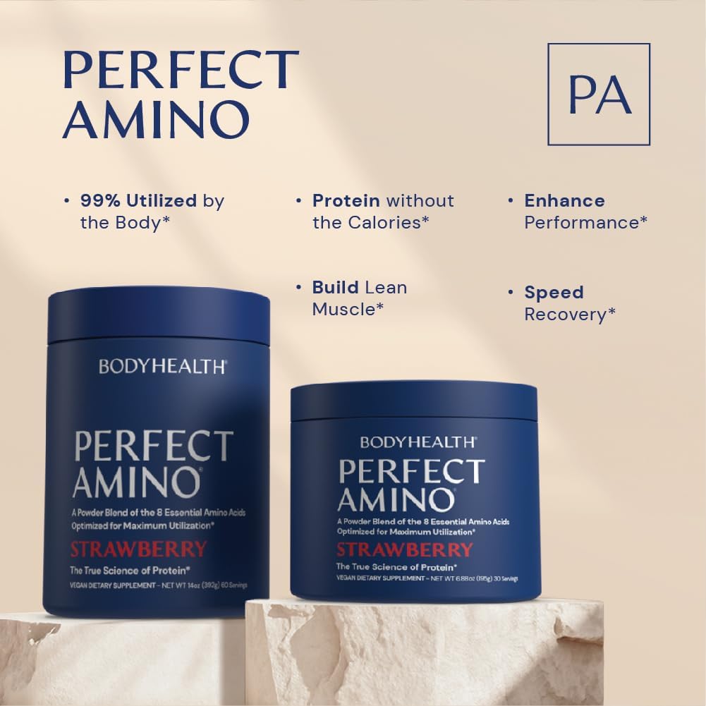 BodyHealth PerfectAmino close-up powder showcases vegan, purified amino acids.