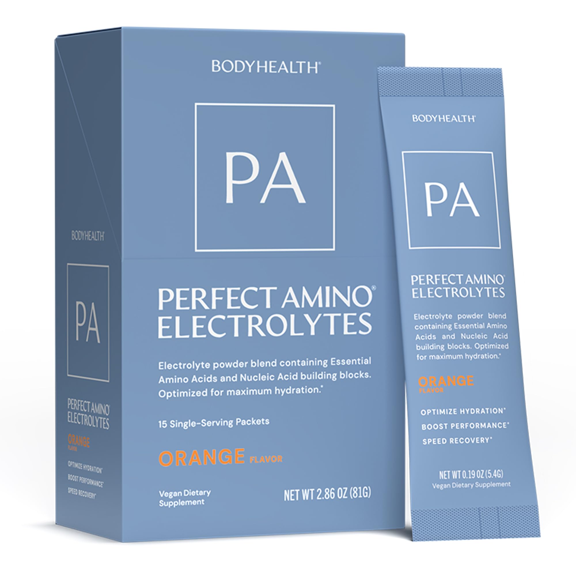 BodyHealth PerfectAmino Electrolyte Orange bottle for long-lasting workout hydration.