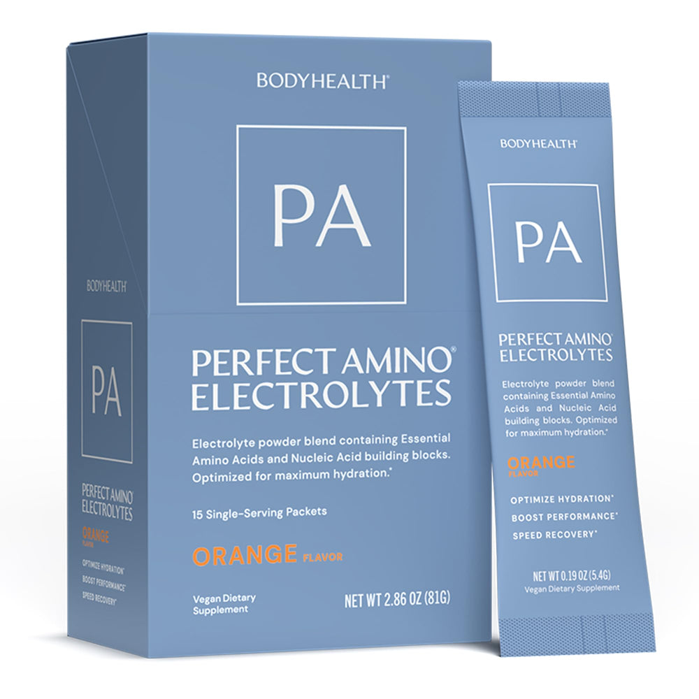 BodyHealth PerfectAmino Electrolyte Orange bottle for long-lasting workout hydration.