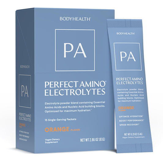 BodyHealth PerfectAmino Electrolyte Orange bottle for long-lasting workout hydration.
