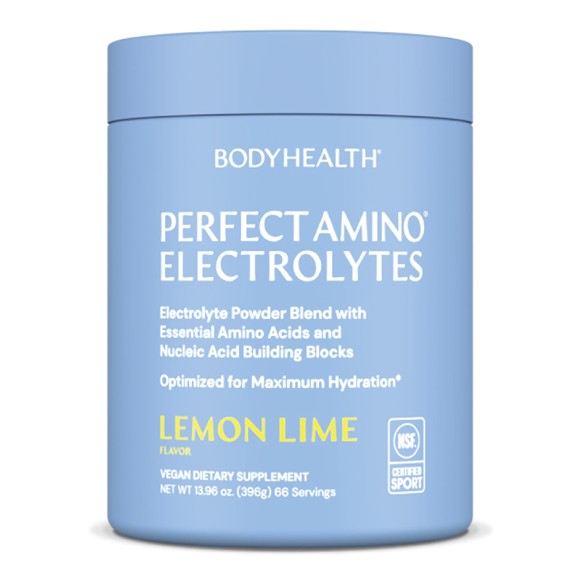 BodyHealth PerfectAmino Electrolytes Lemon Lime bottle for on-the-go hydration during workouts