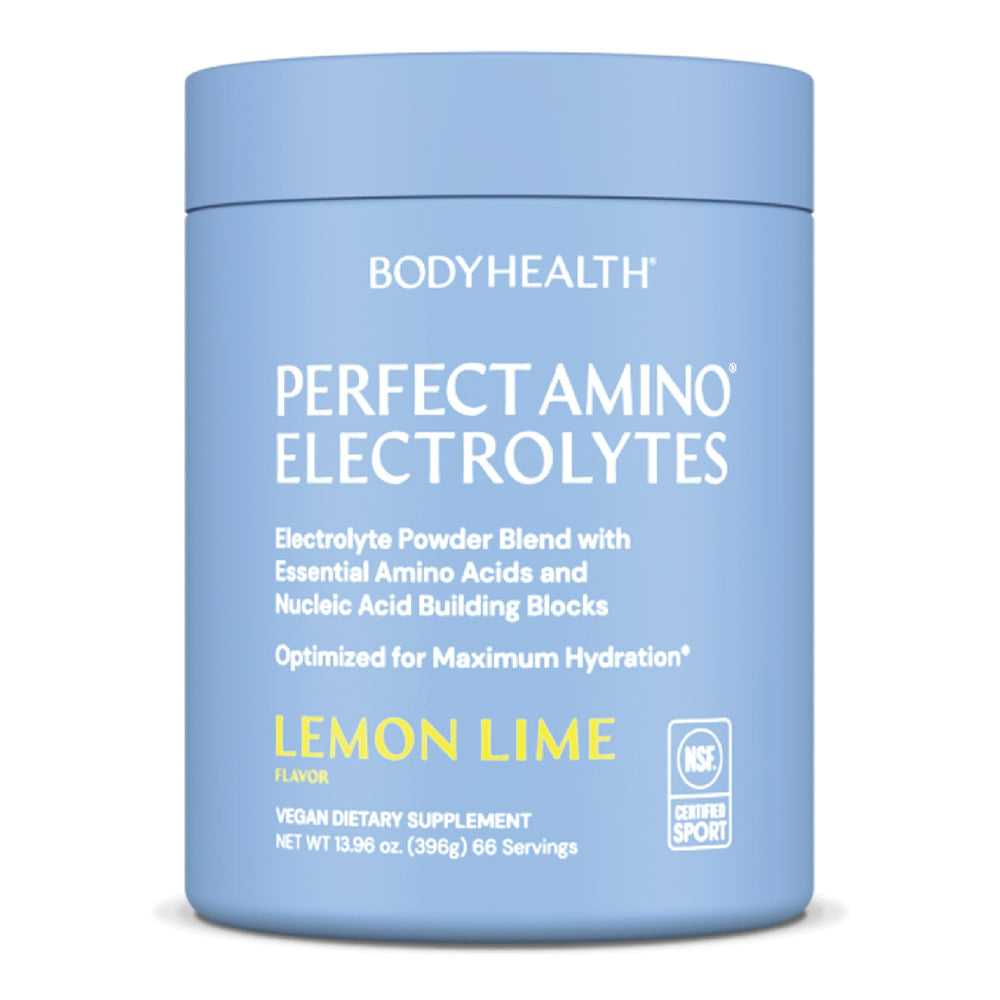 BodyHealth PerfectAmino Electrolytes Lemon Lime bottle for on-the-go hydration during workouts