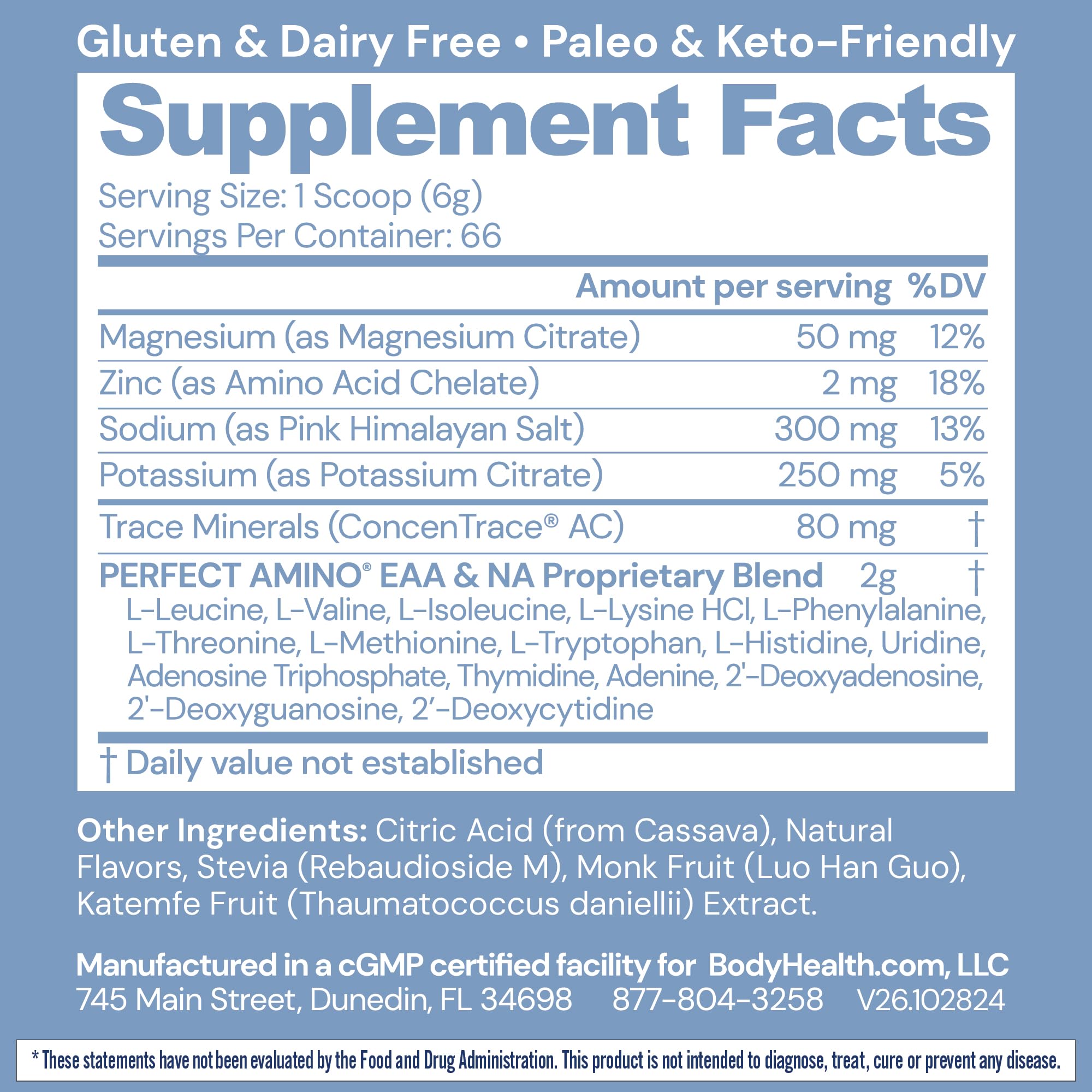 BodyHealth PerfectAmino Electrolytes Lemon Lime powder scoop poured into water for sugar-free energy