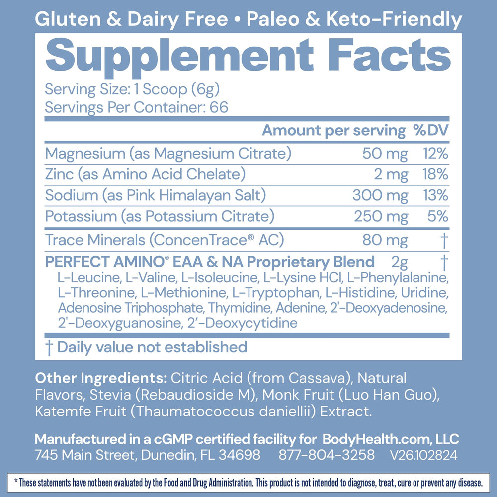 BodyHealth PerfectAmino Electrolytes Lemon Lime powder scoop poured into water for sugar-free energy