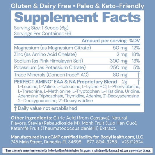 BodyHealth PerfectAmino Electrolytes Lemon Lime powder scoop poured into water for sugar-free energy