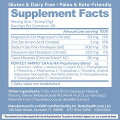 BodyHealth PerfectAmino Electrolytes Lemon Lime powder scoop poured into water for sugar-free energy