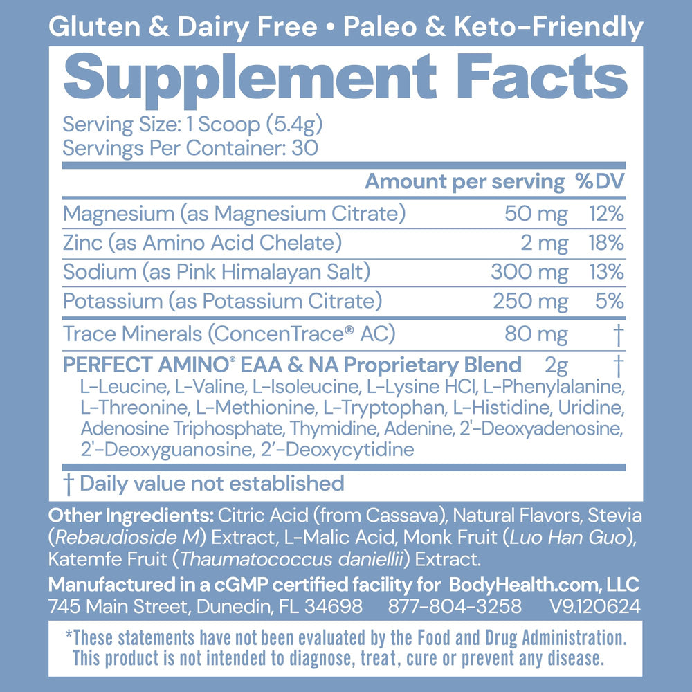 BodyHealth PerfectAmino electrolytes orange dissolving in water for quick refreshment