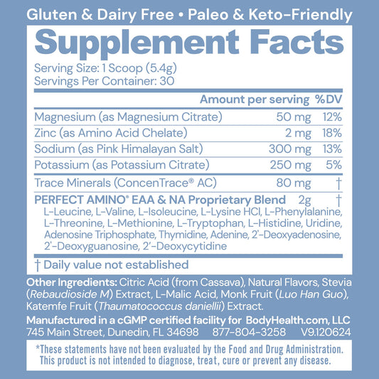 BodyHealth PerfectAmino electrolytes orange dissolving in water for quick refreshment