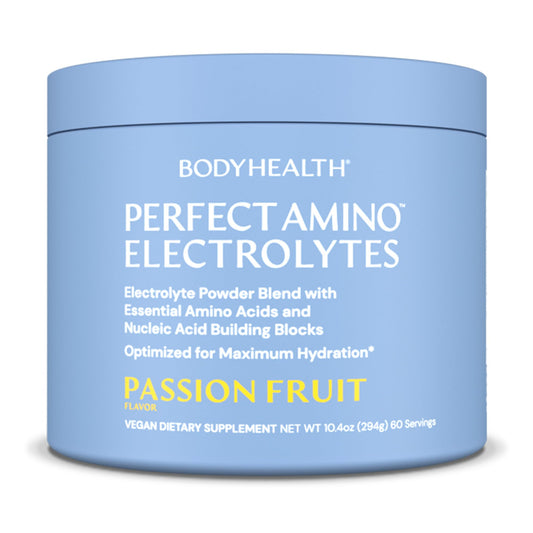 BodyHealth PerfectAmino Electrolytes bottle pour supports steady hydration during workouts.