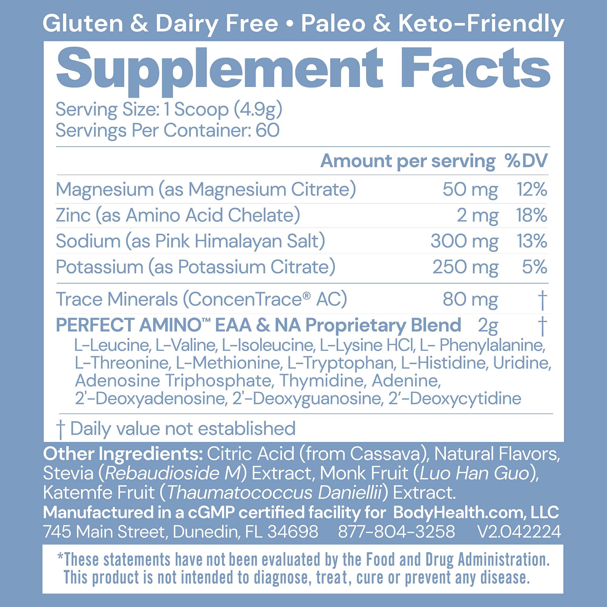 BodyHealth PerfectAmino Electrolytes scoop close-up highlights zero sugar hydration benefits.