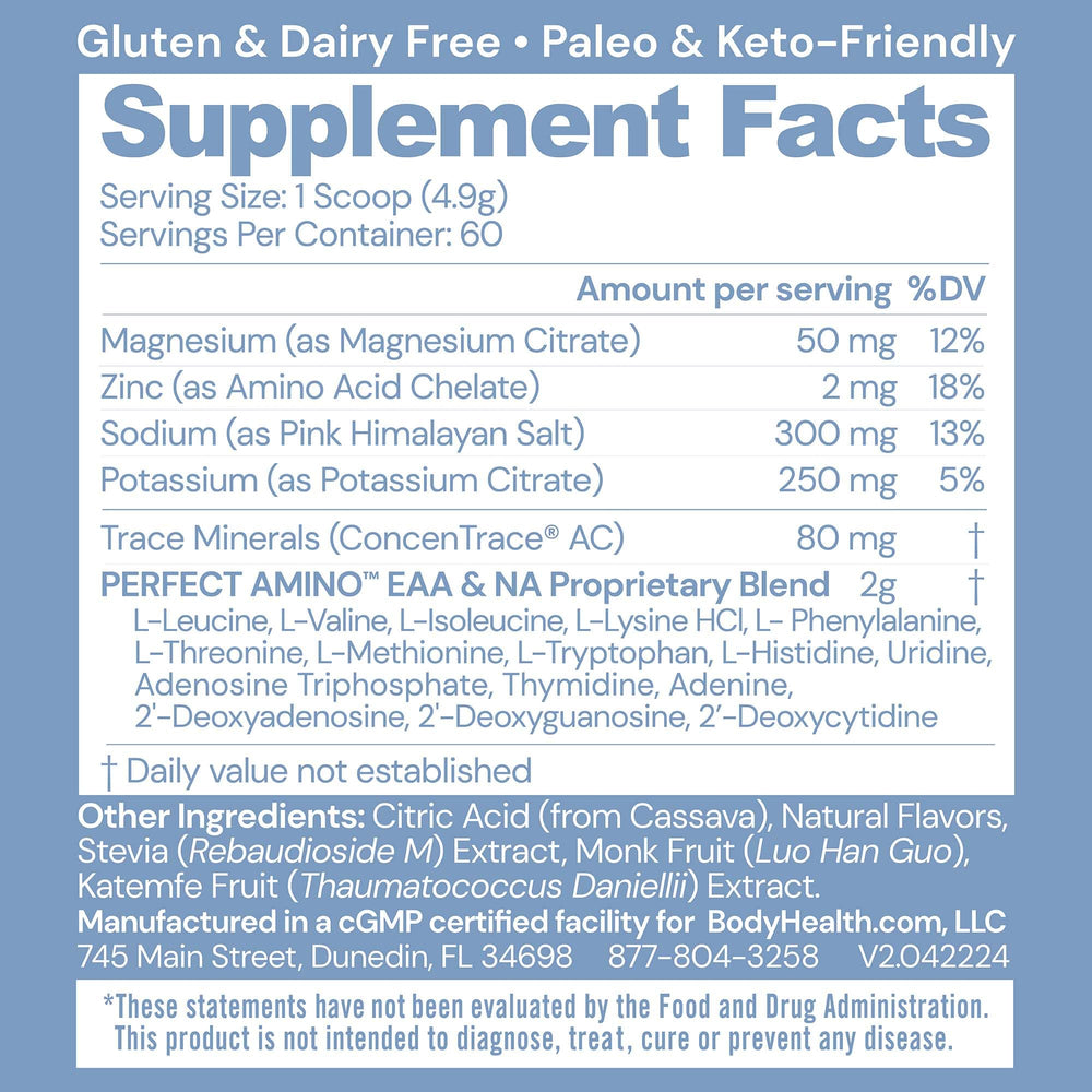 BodyHealth PerfectAmino Electrolytes scoop close-up highlights zero sugar hydration benefits.
