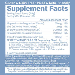 BodyHealth PerfectAmino Electrolytes scoop close-up highlights zero sugar hydration benefits.