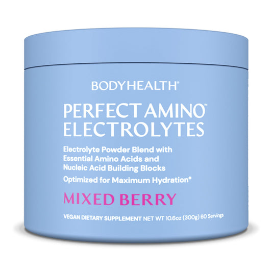 BodyHealth PerfectAmino Electrolytes Powder bottle pour for post-workout hydration.