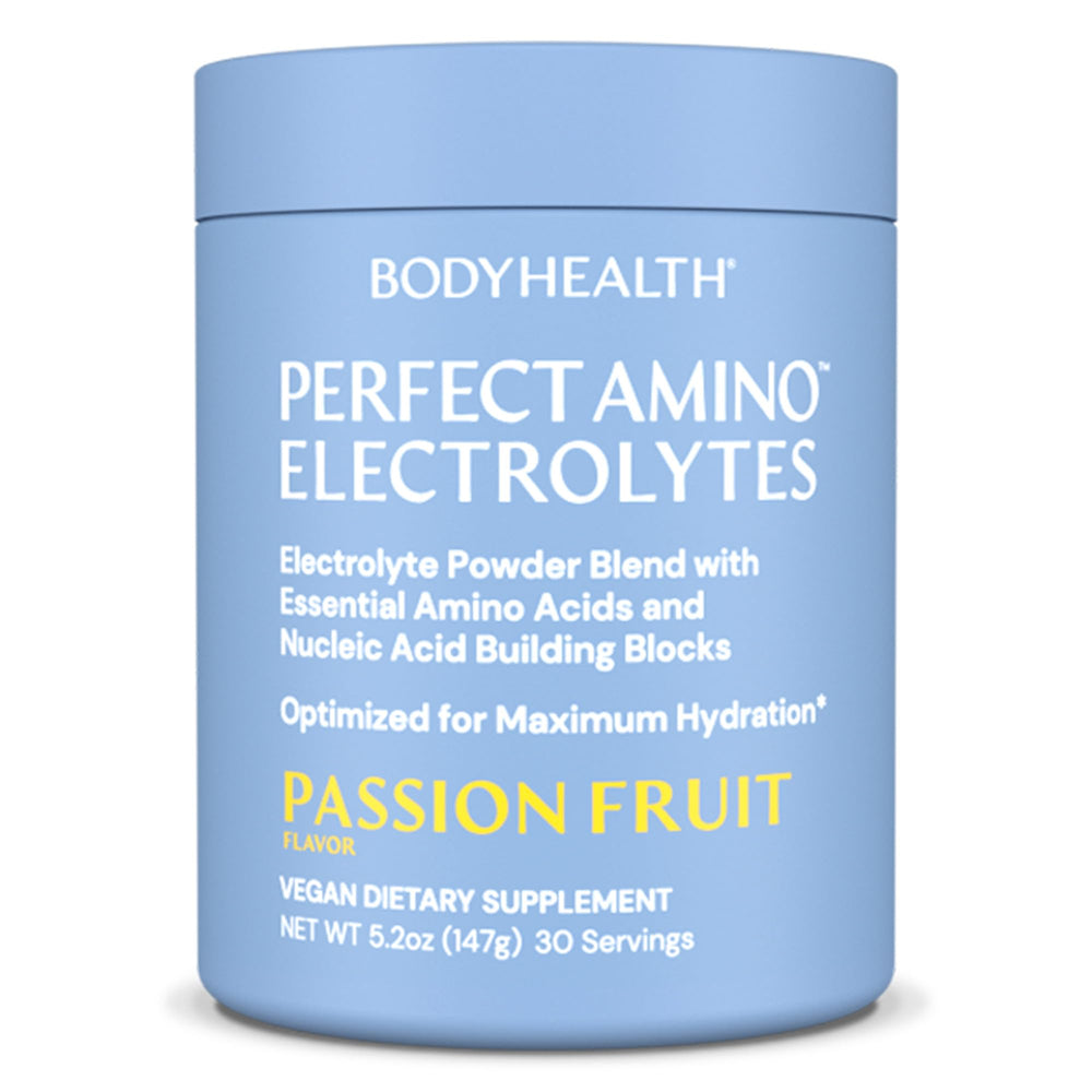 BodyHealth PerfectAmino Electrolytes Powder in passion fruit for refreshed hydration.