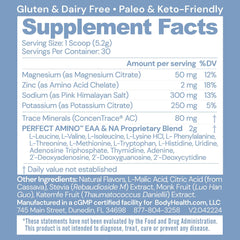 BodyHealth PerfectAmino Electrolytes Watermelon bottle pouring to show quick dissolving powder