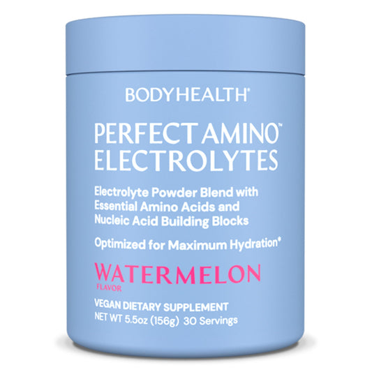 BodyHealth PerfectAmino Electrolytes Watermelon jar label highlighting hydration benefits
