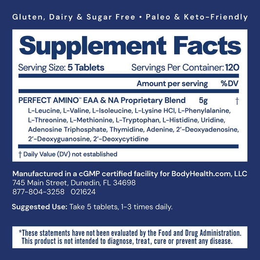BodyHealth PerfectAmino label closeup highlights vegan, keto-friendly amino acids fueling recovery.