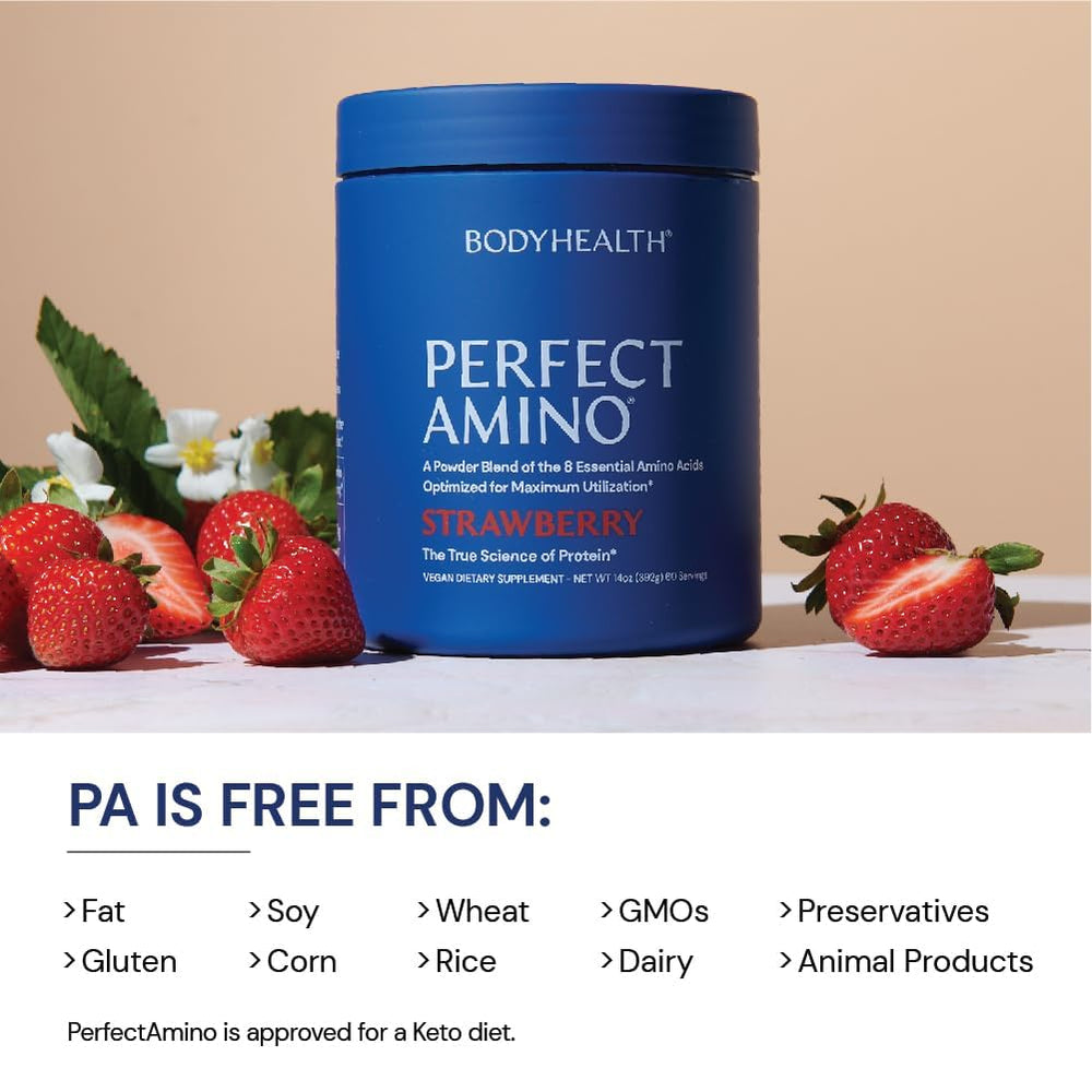 BodyHealth PerfectAmino label close-up emphasizes quality and manufacturing standards.