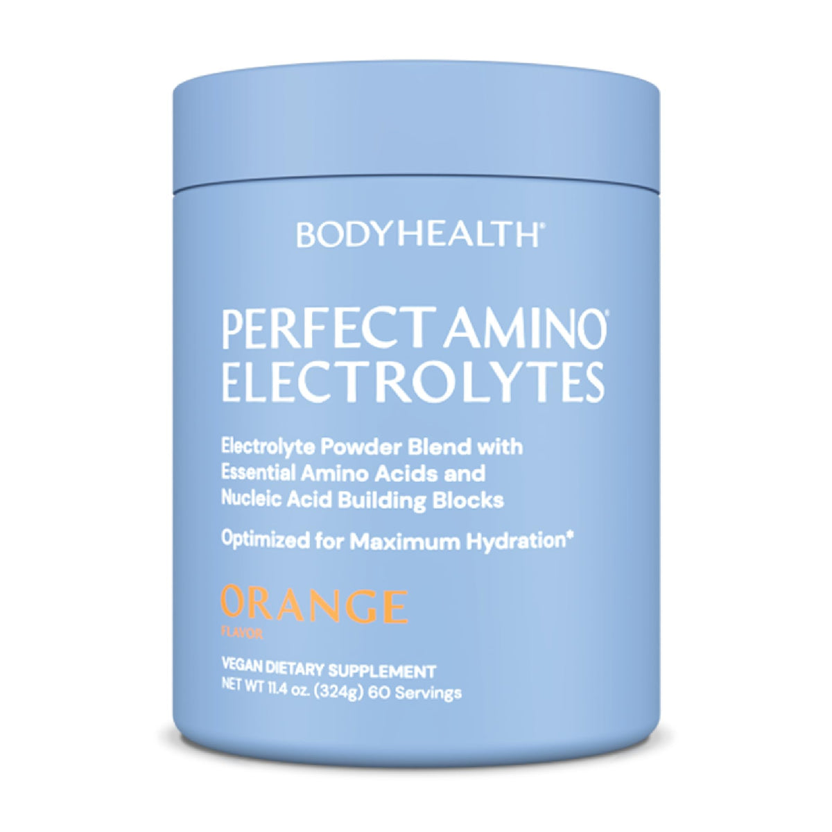 BodyHealth PerfectAmino Electrolytes Orange bottle promotes long-lasting hydration for workouts.
