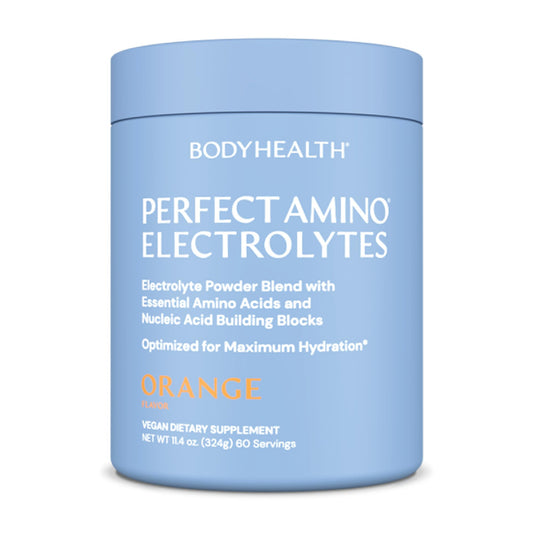 BodyHealth PerfectAmino Electrolytes Orange bottle promotes long-lasting hydration for workouts.