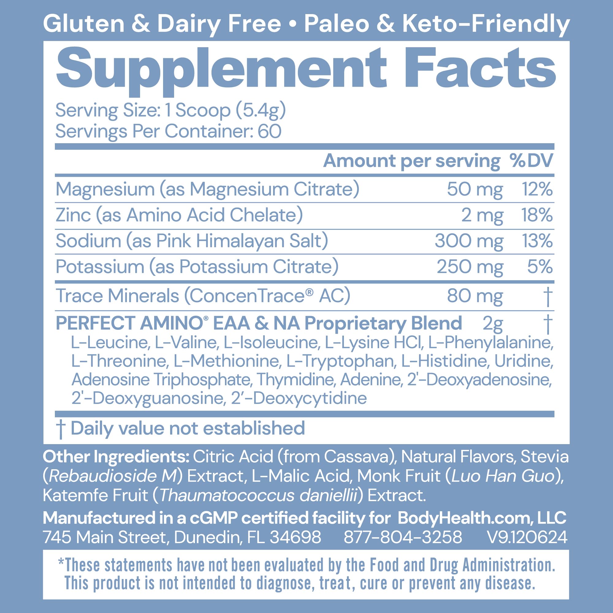 BodyHealth PerfectAmino Electrolytes Orange powder dissolving in water for quick hydration.