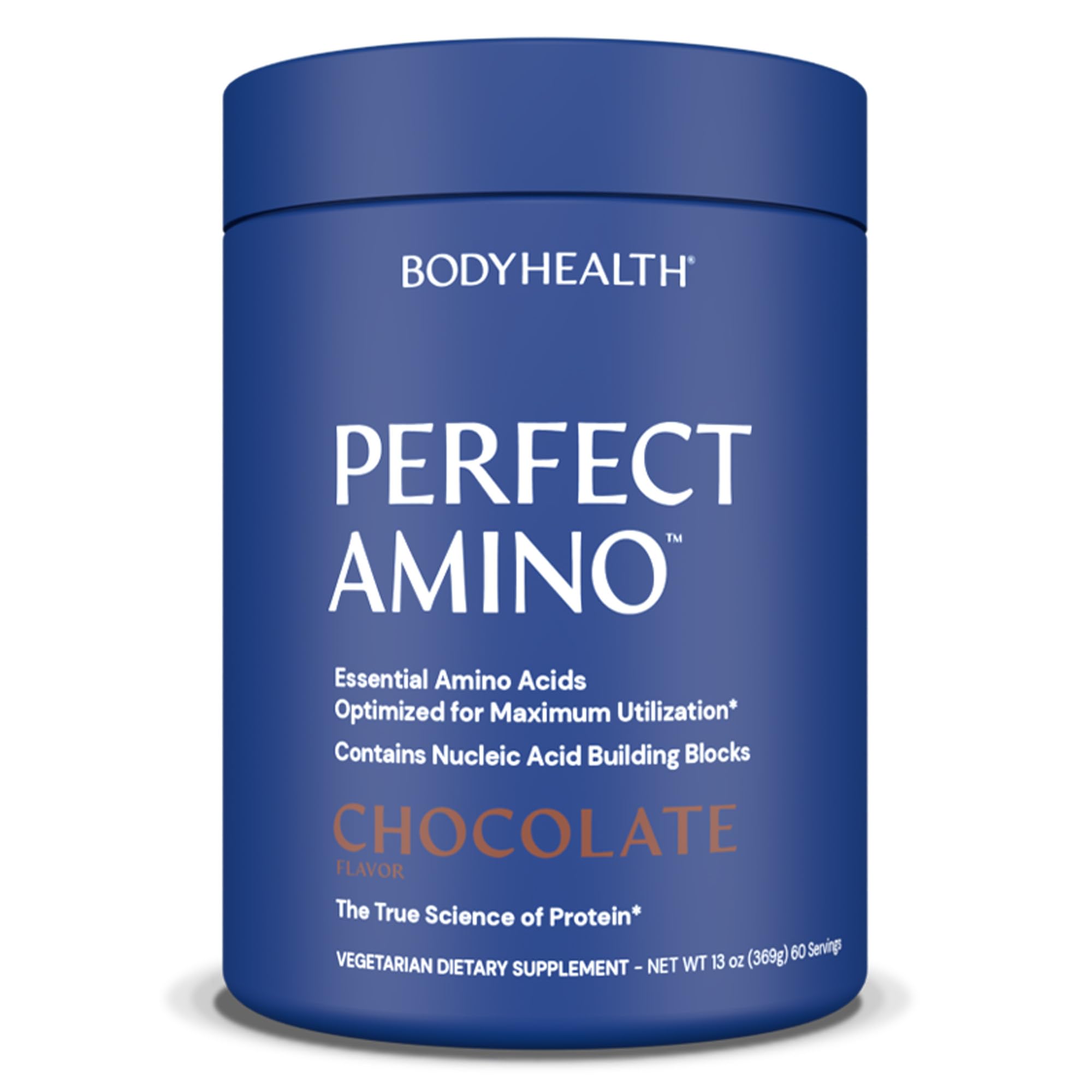 BodyHealth PerfectAmino powder bottle closed supports lean muscle and quick recovery.
