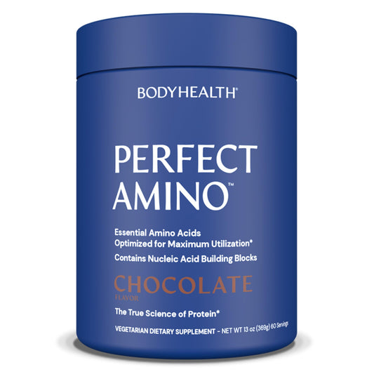 BodyHealth PerfectAmino powder bottle closed supports lean muscle and quick recovery.