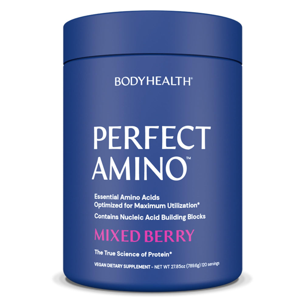 BodyHealth PerfectAmino bottle closeup highlighting the mixed berry formula