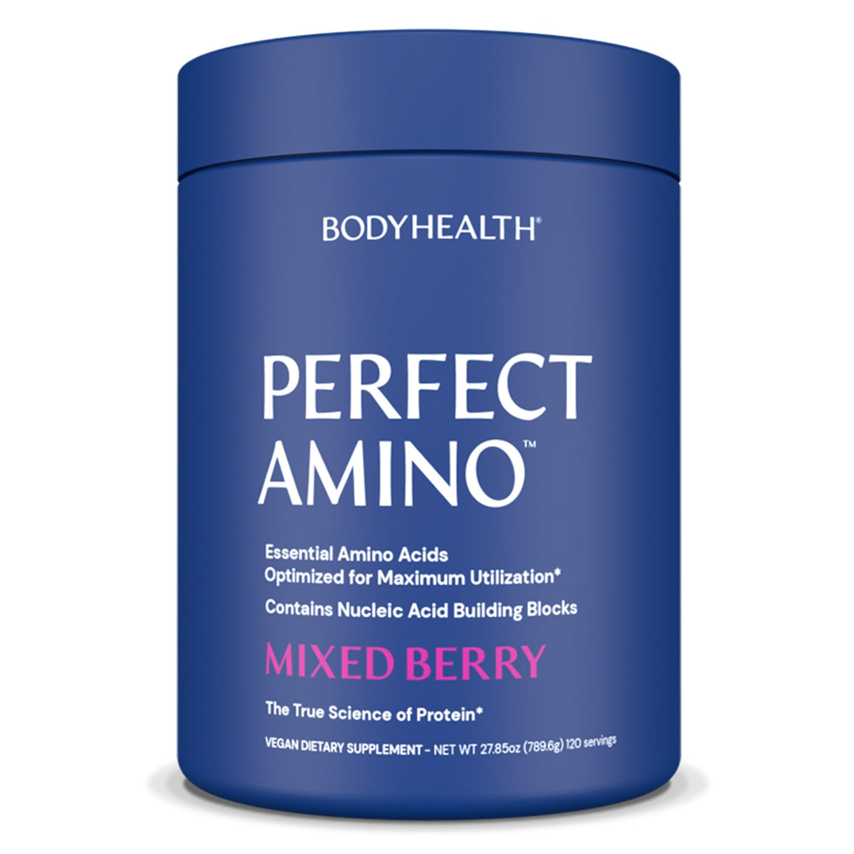 BodyHealth PerfectAmino bottle closeup highlighting the mixed berry formula