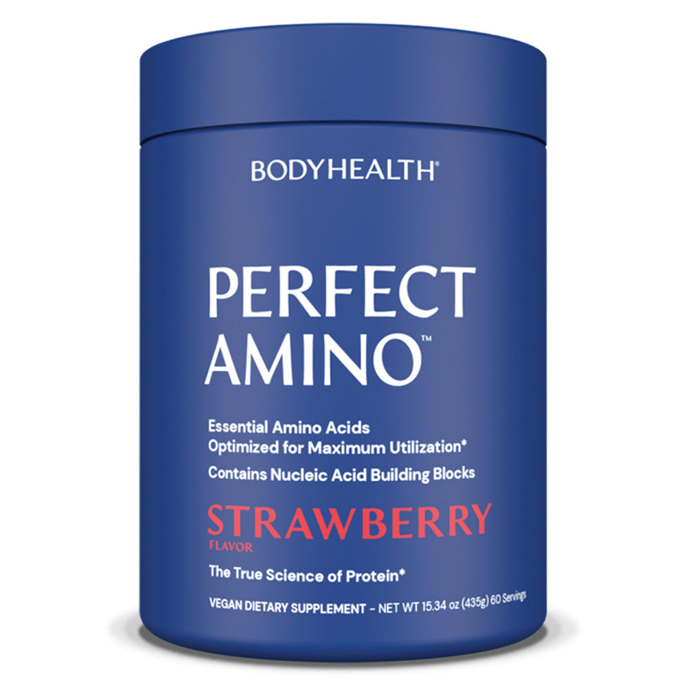 BodyHealth PerfectAmino powder bottle with label highlighting vegan amino acids for recovery