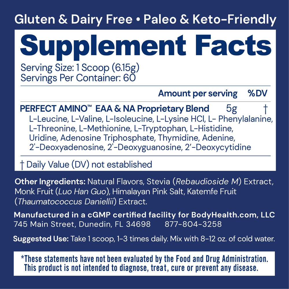 BodyHealth PerfectAmino powder ingredients-science highlights vegan EAAs for energy and recovery.