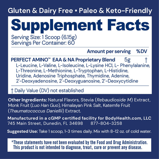 BodyHealth PerfectAmino powder ingredients-science highlights vegan EAAs for energy and recovery.