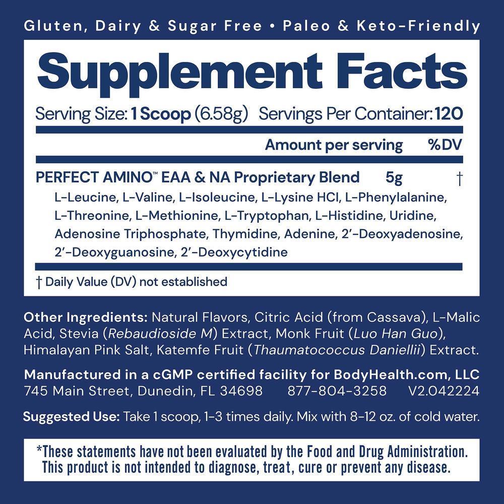 Closeup of BodyHealth PerfectAmino label emphasizing vegan EAAs
