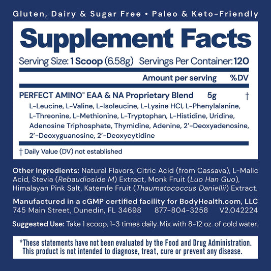 Closeup of BodyHealth PerfectAmino label emphasizing vegan EAAs