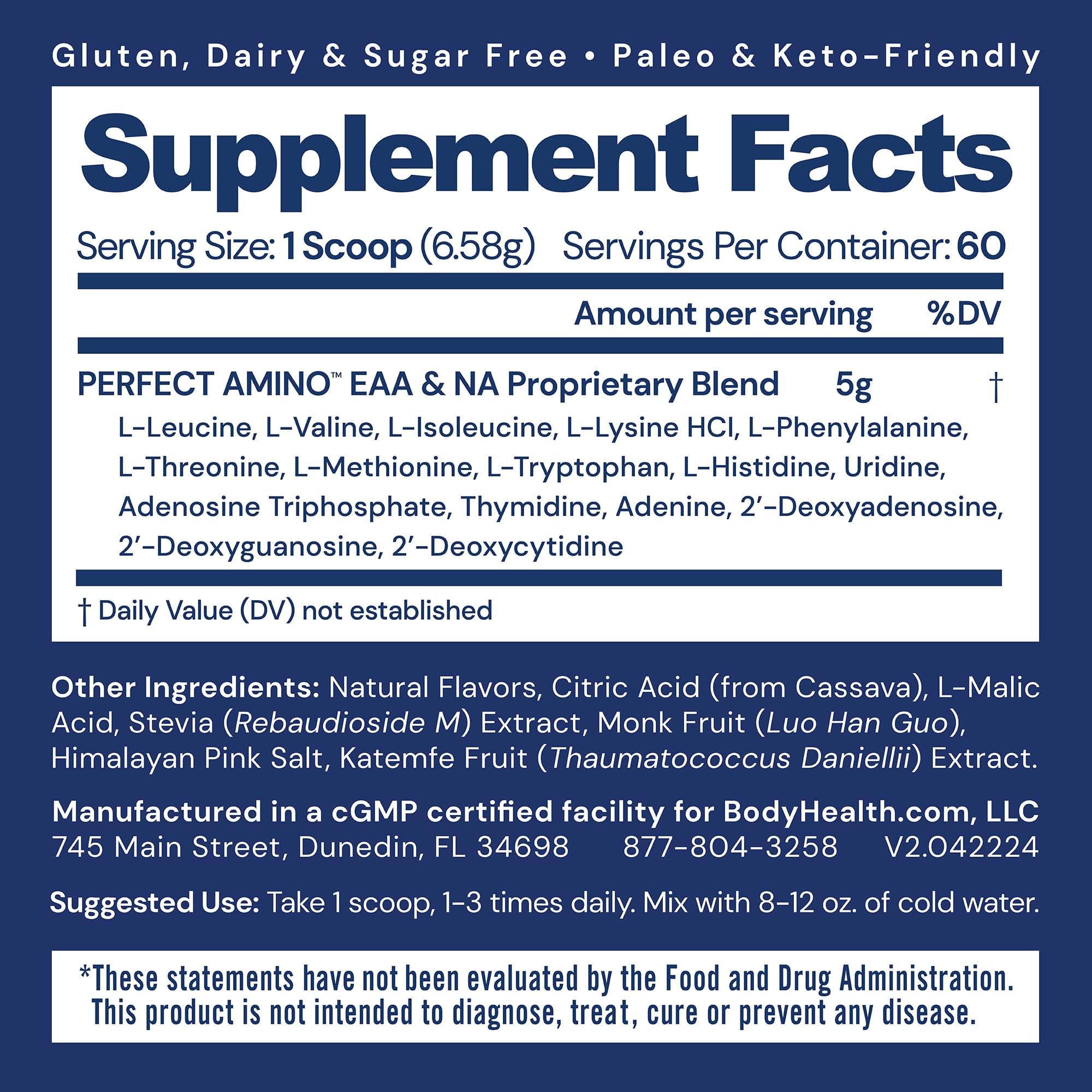 Close-up of BodyHealth PerfectAmino label highlights plant-based amino acids for lean muscle support
