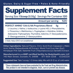Closeup of BodyHealth PerfectAmino label emphasizing vegan EAAs