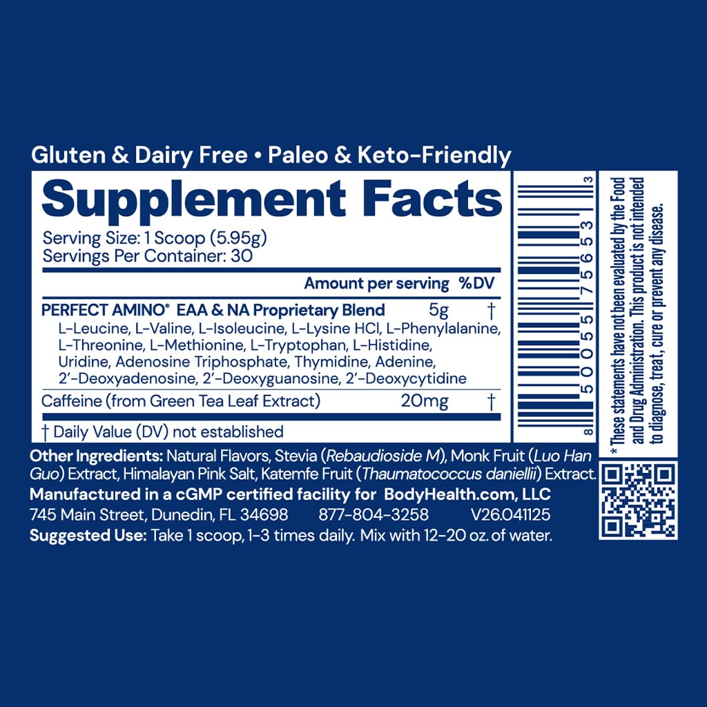 BodyHealth PerfectAmino powder mix-glass demonstrates quick blend for post-workout recovery.