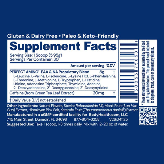 BodyHealth PerfectAmino powder mix-glass demonstrates quick blend for post-workout recovery.
