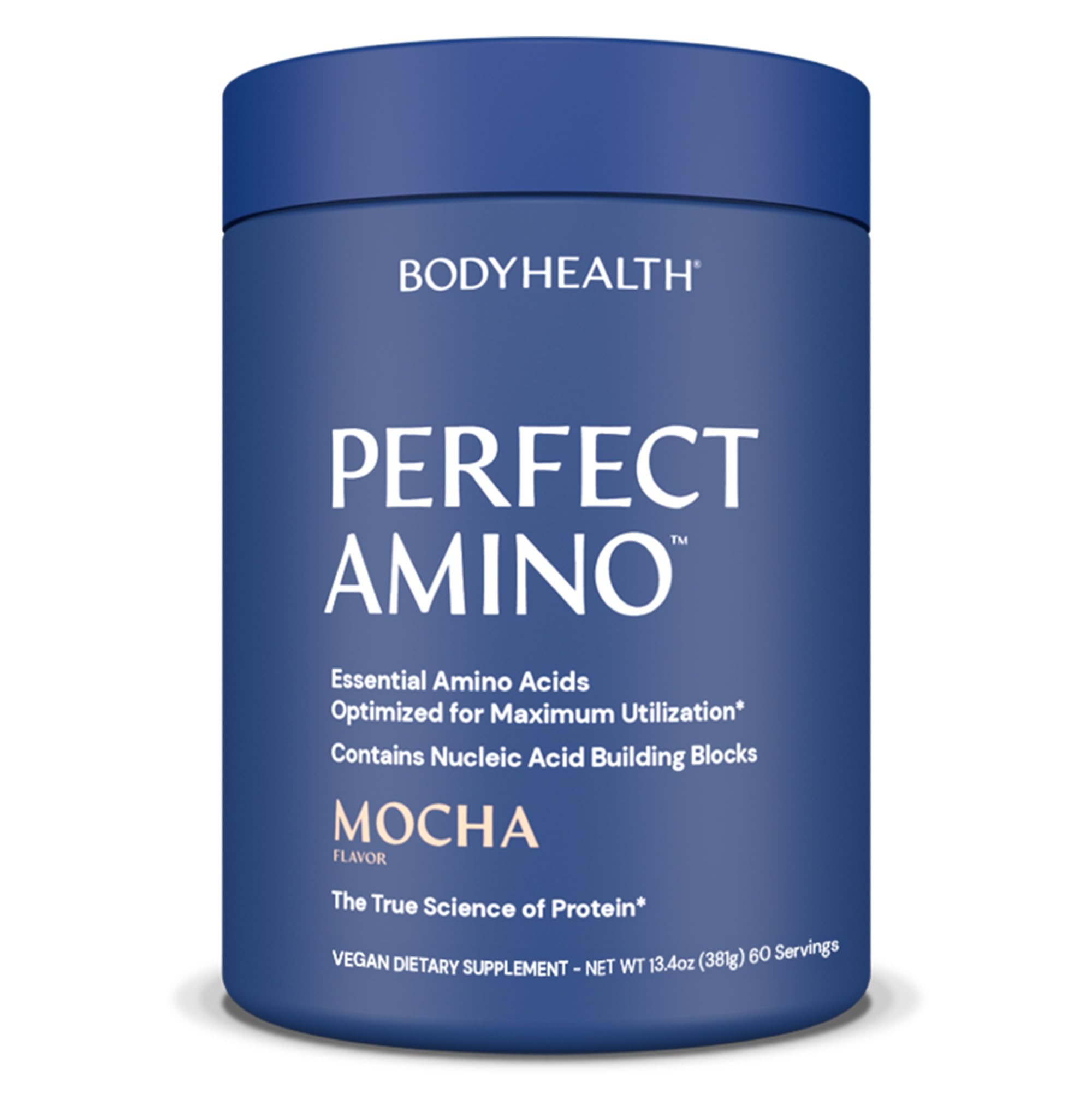 BodyHealth PerfectAmino mocha bottle front showing the amino blend for pre-workout use