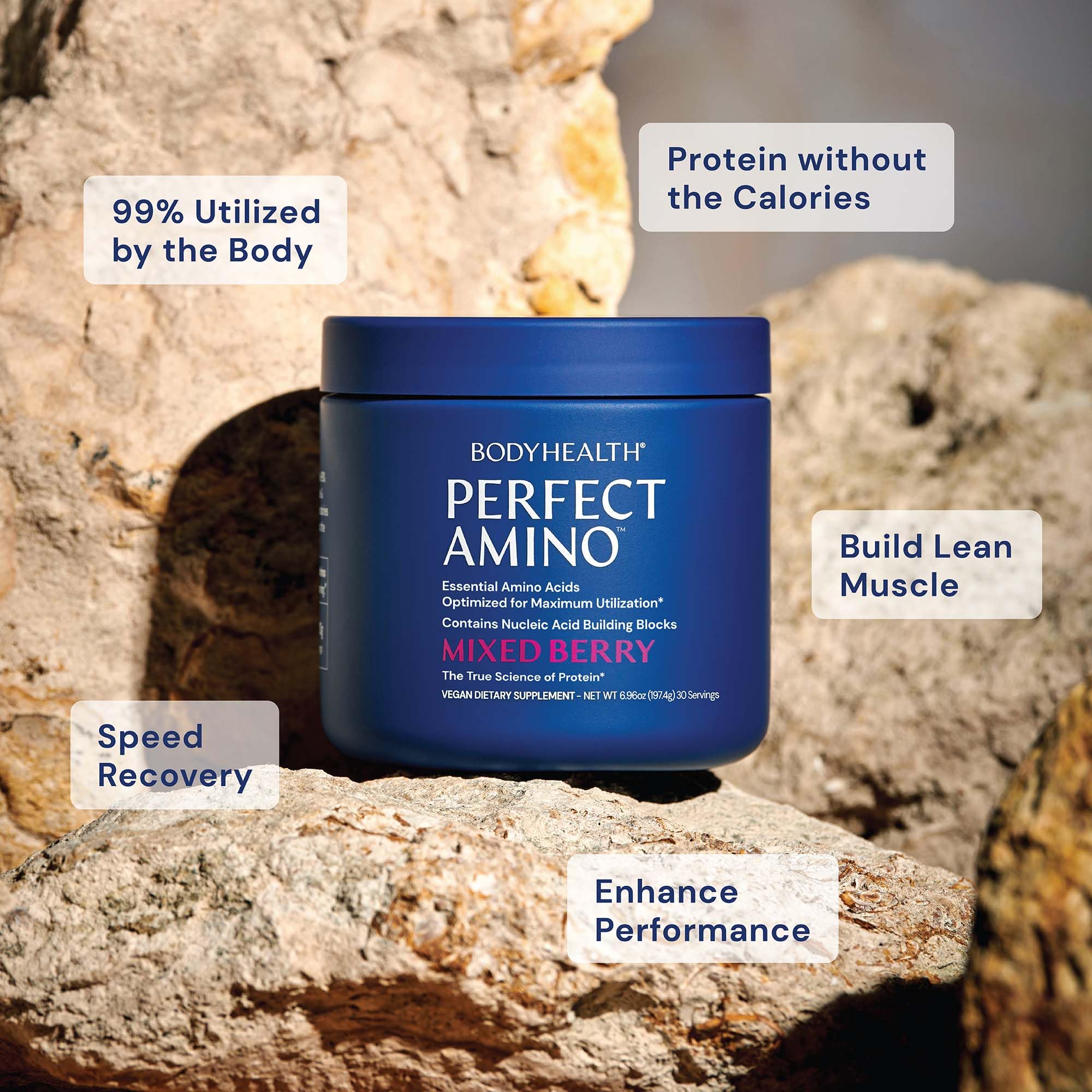 Scoop of BodyHealth PerfectAmino ready to mix in a bottle for easy prep