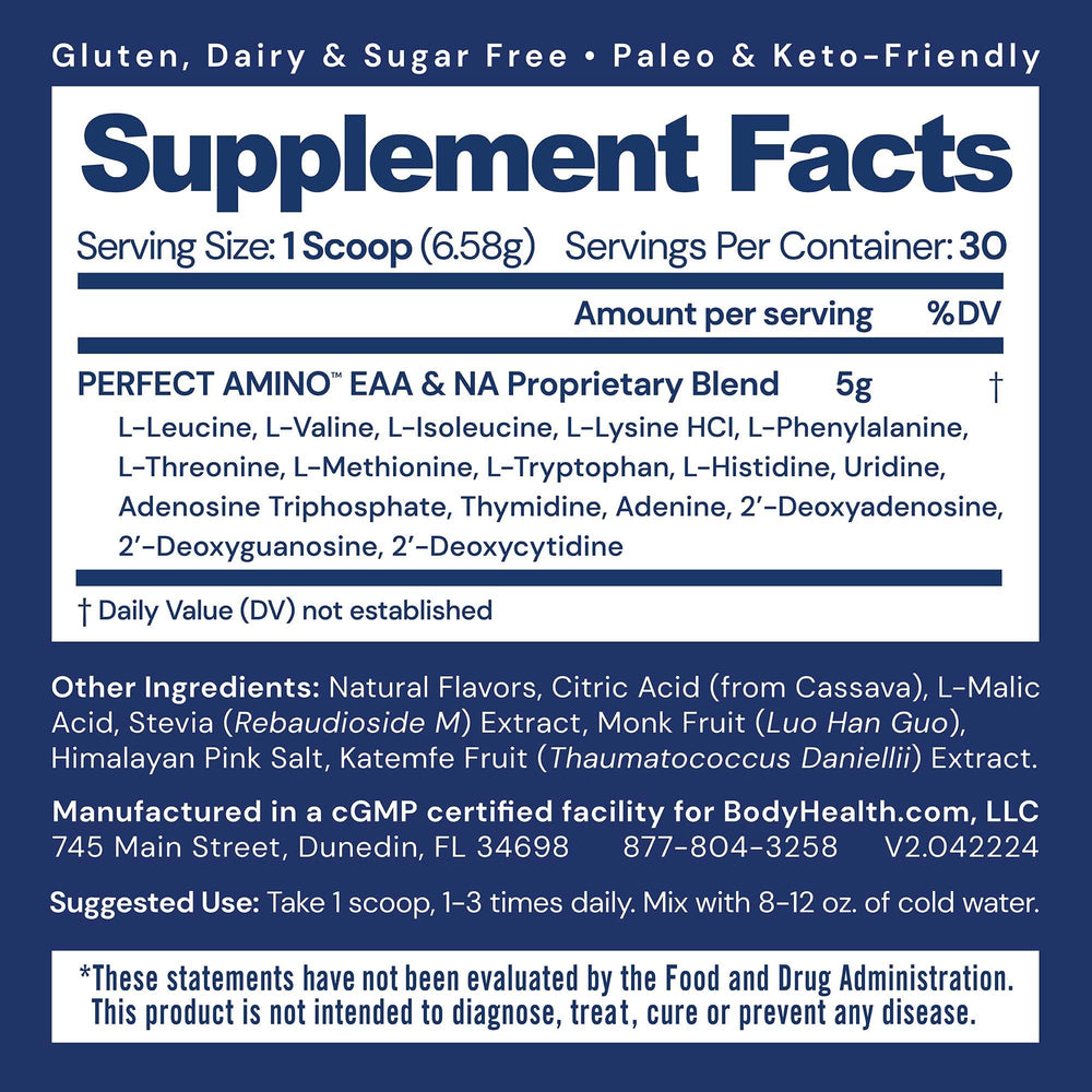 BodyHealth PerfectAmino powder scoop highlights serving size for workouts.