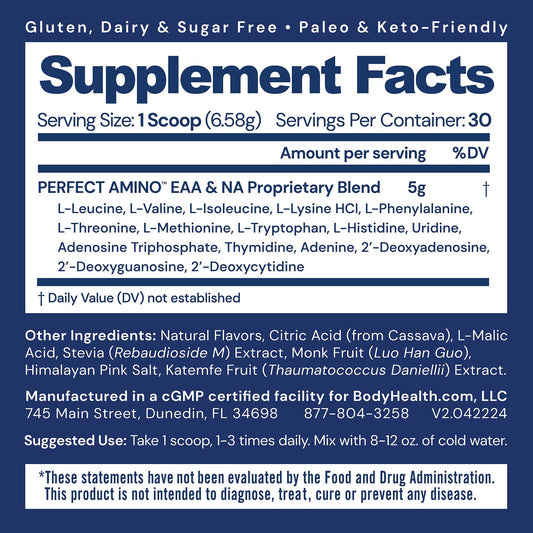 BodyHealth PerfectAmino powder scoop highlights serving size for workouts.