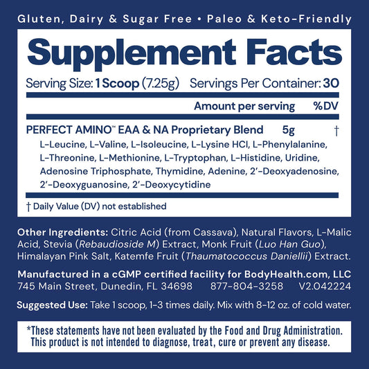 BodyHealth PerfectAmino scoop included for precise pre- and post-workout fueling