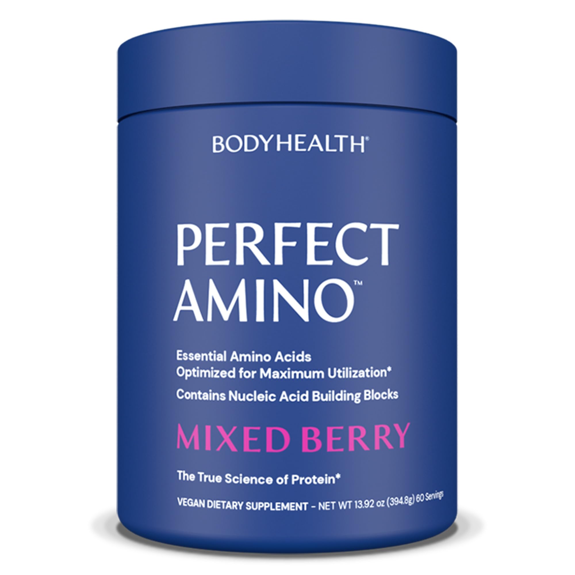 BodyHealth PerfectAmino powder tub front promotes post-workout recovery and lean muscle support