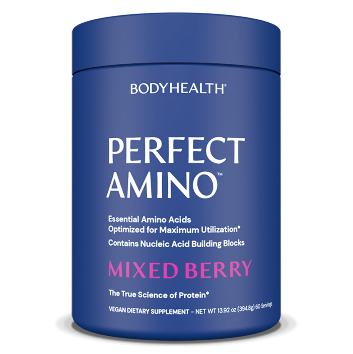 BodyHealth PerfectAmino powder tub front promotes post-workout recovery and lean muscle support