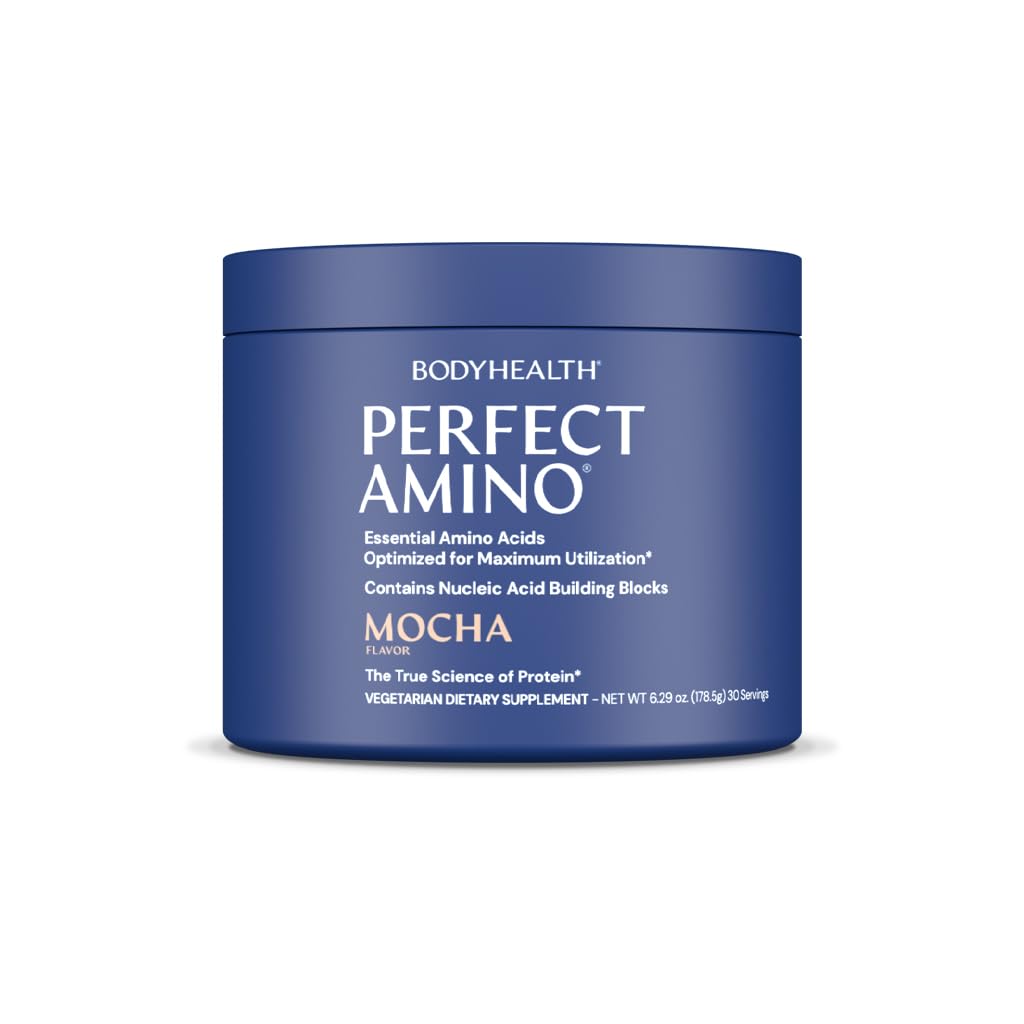 BodyHealth PerfectAmino mocha tub for pre-workout energy and amino acid support.